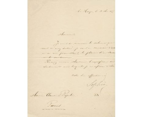 SOPHIE OF WURTTEMBERG: (1818-1877) Queen of the Netherlands as first wife of King William III. L.S., Sophie, one page, 4to, L