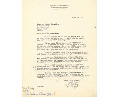 FLORY PAUL: (1910-1985) American Chemist, Nobel Prize winner for Chemistry, 1974. T.L.S., P J Flory, one page, 4to, Ithaca, N