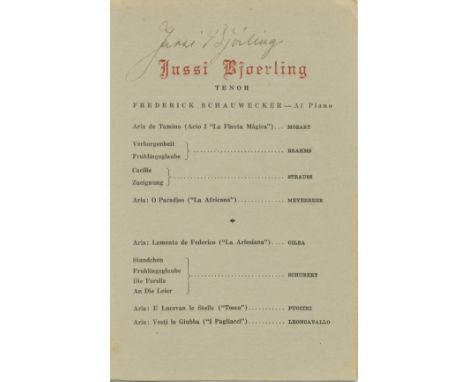BJÖRLING JUSSI: (1911-1960) Swedish Tenor. A leading operatic Singer of the 20th century. A printed 8vo programme, two pages,