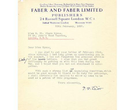 ELIOT T. S.: (1888-1965) American-born English Poet &amp; Dramatist. Nobel Prize winner for Literature, 1948. T.L.S., T.S. El