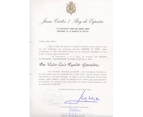 JUAN CARLOS I: (1938-  ) King of Spain 1975-2014. D.S., J.Carlos Borbon R, one page, folio, Madrid, 6th March 2001, to Presid