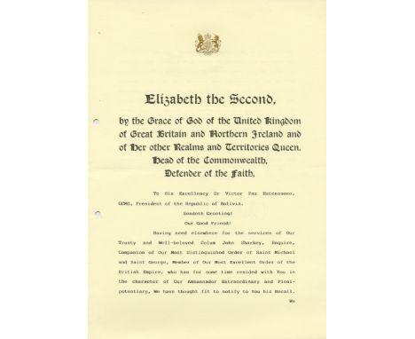 ELIZABETH II: (1926- ) Queen of the United Kingdom 1952- . D.S., Elizabeth R, as Queen, at the conclusion, two pages, 4to, Co