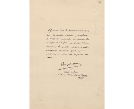 [PAX MUNDI]: Selection of Autograph Statements Signed by a variety of famous personalities, mostly French, each one page, fol