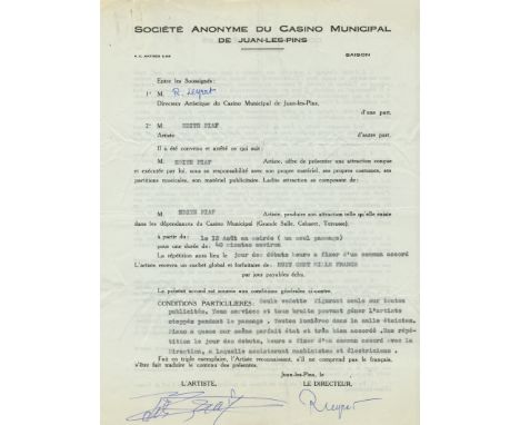 PIAF EDITH: (1915-1963) French Singer. D.S., Edith Piaf, two pages, 4to, Juan-Les-Pins, n.d., in French. The partially printe