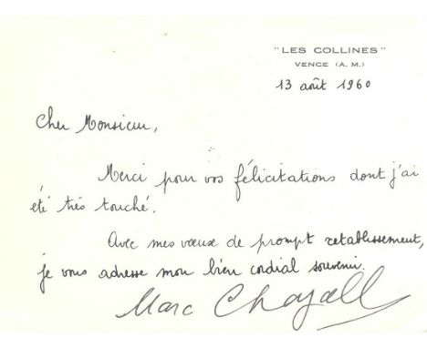 CHAGALL MARC: (1887-1985) Russian-born French Artist. L.S., Marc Chagall, one page, oblong small 8vo card, Vence, 13th August