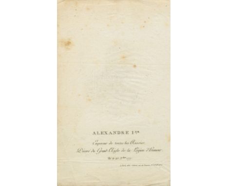 [ALEXANDER I]: (1777-1825) Emperor of Russia 1801-25. An unusual document of Alexander I, unsigned, one page, 8vo, n.p., n.d.