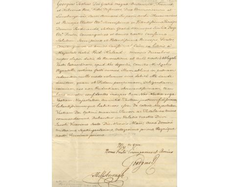 GEORGE III: (1738-1820) King of the United Kingdom 1760-1820. D.S., Bonus Frater Consanguineus et Amicus, Georgius R, as King
