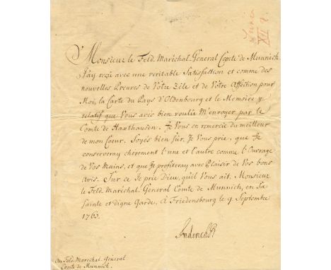 FREDERIC V OF DENMARK: (1723-1766) King of Denmark-Norway 1746-66. L.S., Friderick R[ex], one page, 4to, Friedensburg, 9th Se