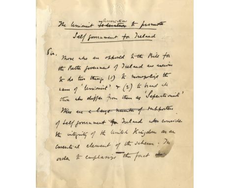 IRELAND: Manuscript draft, unsigned, in the hand of James Bryce, with various corrections, three pages, 4to, n.p. (London), n