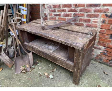 A pine two tiered work bench, 77cm x 135cm x 60cm