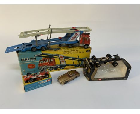 A tray of Corgi die cast models, to comprise a James Bond Aston Martin DB5 with figure, a Car Transporter with Ford Tilt cab 