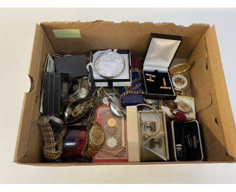 A box of assorted costume jewellery, yellow metal, fashion watches and other items, including a decorative gilt metal half hu