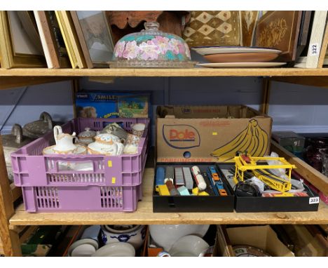 Shelf of assorted including Lima trackside accessories and decorative Davenport dinnerware