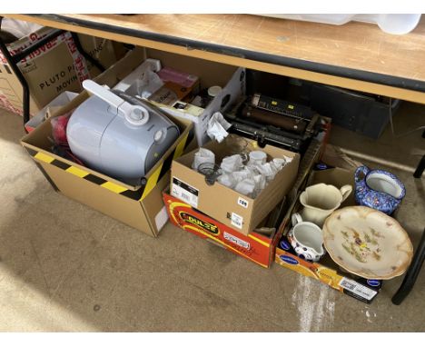 Five boxes of assorted including glassware and a typewriter