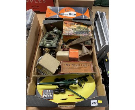 Box of vintage toys including a Britains 4.7 Naval Gun and toys by Astra and Marx