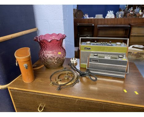 Cranberry glass hanging ceiling light, two Roberts radios etc