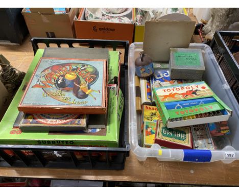 Two boxes of vintage toys and games including a Subbuteo World Cup Edition game and Totopoly
