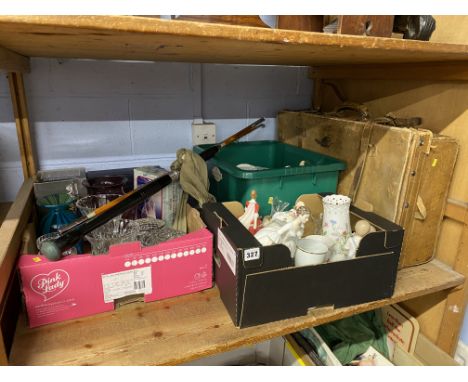 Three boxes of assorted including Royal Doulton, Mdina style mallet shaped vase and a vintage leather suitcase