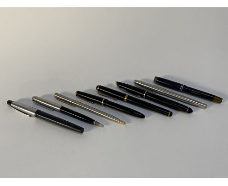 A selection of vintage pens, comprising fountain pens by Parker and Swan, plus ball point pens and a Parker propelling pencil