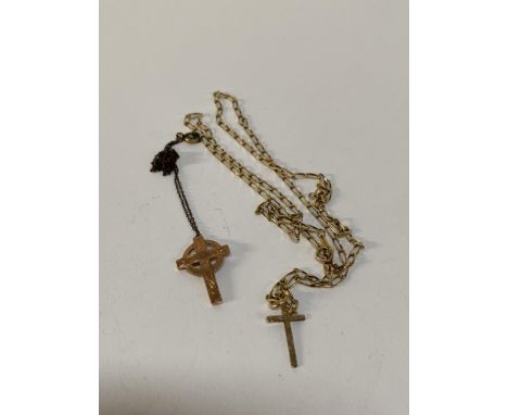 A 9ct gold crucifix pendant and chain, together with a 9ct gold Celtic cross pendant and chain, gross weight 6.7g