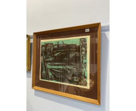 Geoffrey Bruce Brown (1926-2014), etching, Moored boats, signed and dated '59, framed, mounted and under glass, 42cm x 52cm a