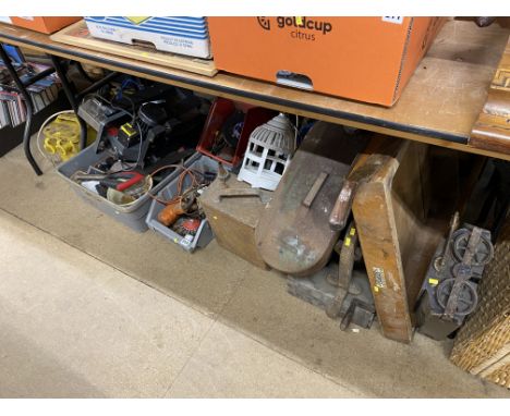 Three boxes of tools including workshop tools, fuel cans, guillotines and transformers