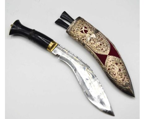 20th century, Gurkha Kothimora Kukri, with brass mounted horn grip with brass pommel and brass inlay to blade. White metal, b