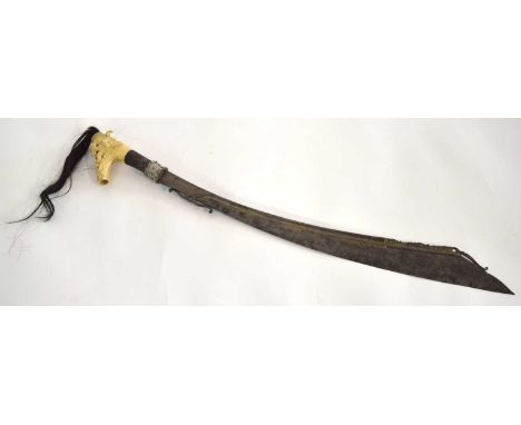 Borneo Dayak Mandau sword with bone carved pommel with horse hair (partcial losses to pommel). Entwined with herringbone weav