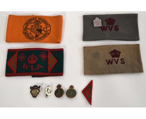Quantity of four various Homefront armbands to include First World War Norfolk Women's Auxiliary Land Corps arm band, printed