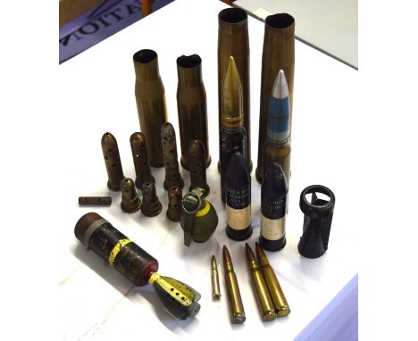Quantity of Inert and educational ordinance to include 1941 3" mortar bomb, two 1977 dated riot police rubber bullets marked 