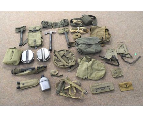 Quantity of Second World War American webbing and equipment to include: 1944 dated canvas bucket by the victory canvas co., 1