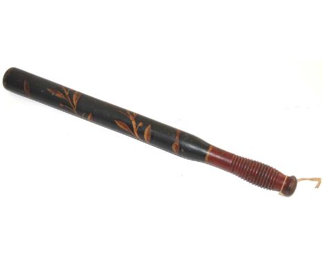 William IV / Victorian painted turned wooden police truncheon wityh decorative leafs and ribbed turned handle painted red. ov