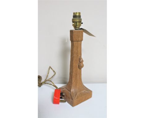 A Robert "Mouseman" Thompson of Kilburn oak table lamp on square base, height 26 cm.