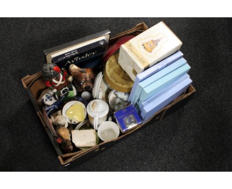 A box of china, Wedgwood plates, china decanters, Bells Scotch whisky decanter, Delft Windmill etc 