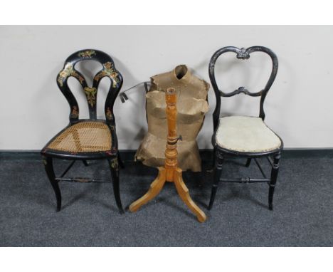 An early 20th century dress makers dummy on stand (a/f), together with an ebonised mother of pearl bedroom chair and another 