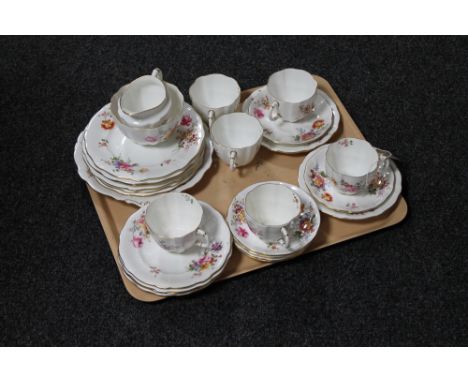 A tray of twenty-seven pieces of Royal Crown Derby bone china floral tea service 