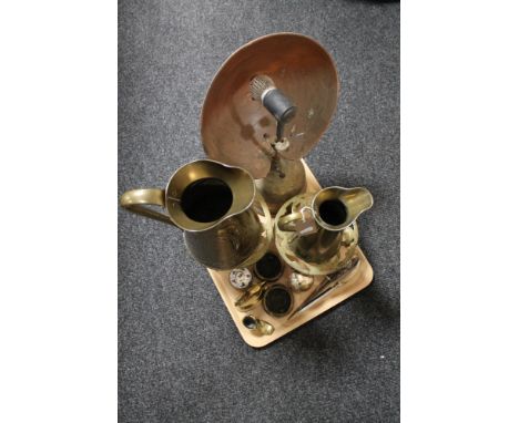 A tray of Art Nouveau brass jug, brass trivets, pair of Chinese censers, brass ornaments, vintage brass and copper lamp  
