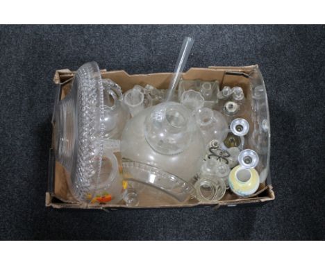 A box of glass ware, lead crystal shallow bowl, antique cruet sets, glass wine pourer, light shade etc