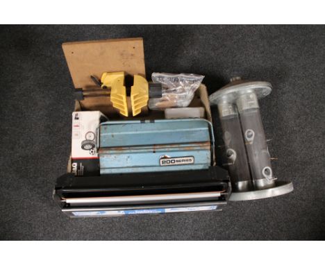 A box of B&amp;Q air compressor, metal concertina tool box, cabinet handles, vice, together with plaster master and bird feed