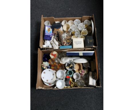 Two boxes of china tea service, pewter tankards, copper figure - Gladiator etc 