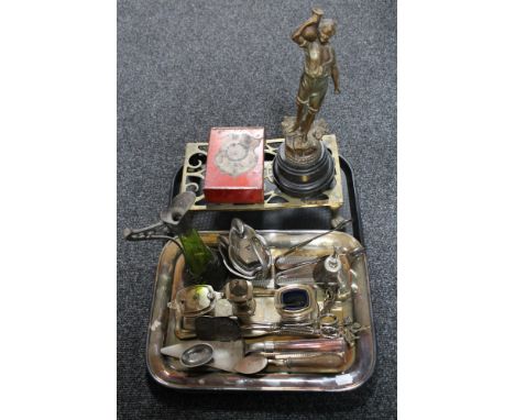 A tray of antique metal items, Art Nouveau pewter green glass ewer (a/f), spelter figure, plated glass handled trowel, sugar 