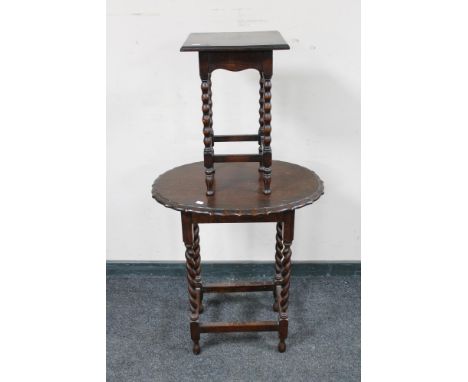 An Edwardian oak pie crust barley twist occasional table together with an oak lamp table on bobbin legs 