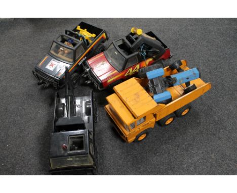 Five tin plate Tonka vehicles to include pick up trucks, dumper truck, tractor etc 