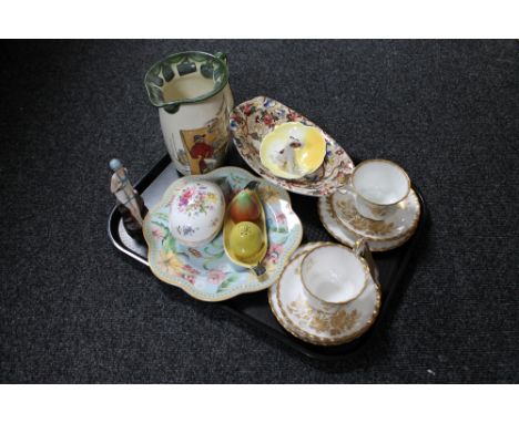 A tray of two Royal Albert Golden Glory china trios, Maling chintz dish, Royal Doulton huntsman jug, Carlton Ware cruet set e