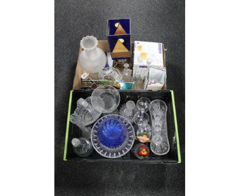 Two boxes of assorted glass ware - table lamp, candle holders, vases, decanter etc 