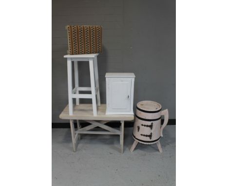 A painted pot cupboard in the form of a flagon, painted bench, kitchen stool, footstool and a painted wall cabinet 