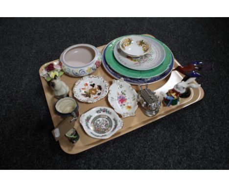 A tray of assorted china - miniature character jugs, Beswick cat, Poole bowl, Crown Derby trinket dish, Tuscan china bird etc