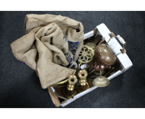 A box of brass and copper, coal bucket, candlestick, kettles, two Hessian coffee sacks 