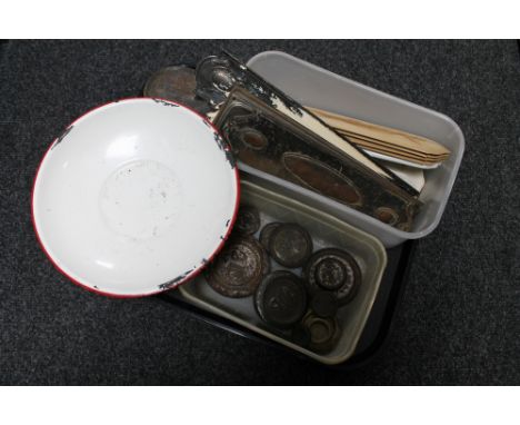 A set of kitchen scales and weights, box of antique and later door finger plates 