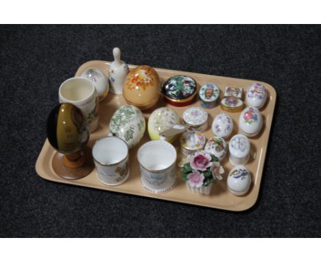 A tray of collection of china eggs and trinket boxes, china flower posy, commemorative mugs and beakers  
